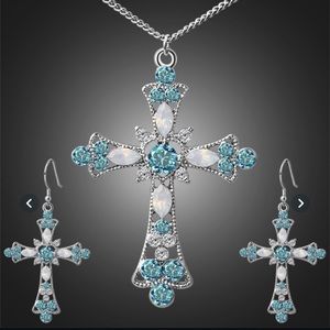 Silver Cross Necklace & Earrings Set